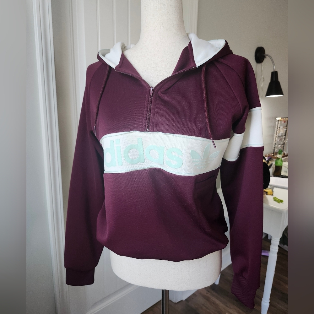 Adidas Women's Maroon and White Hoodie